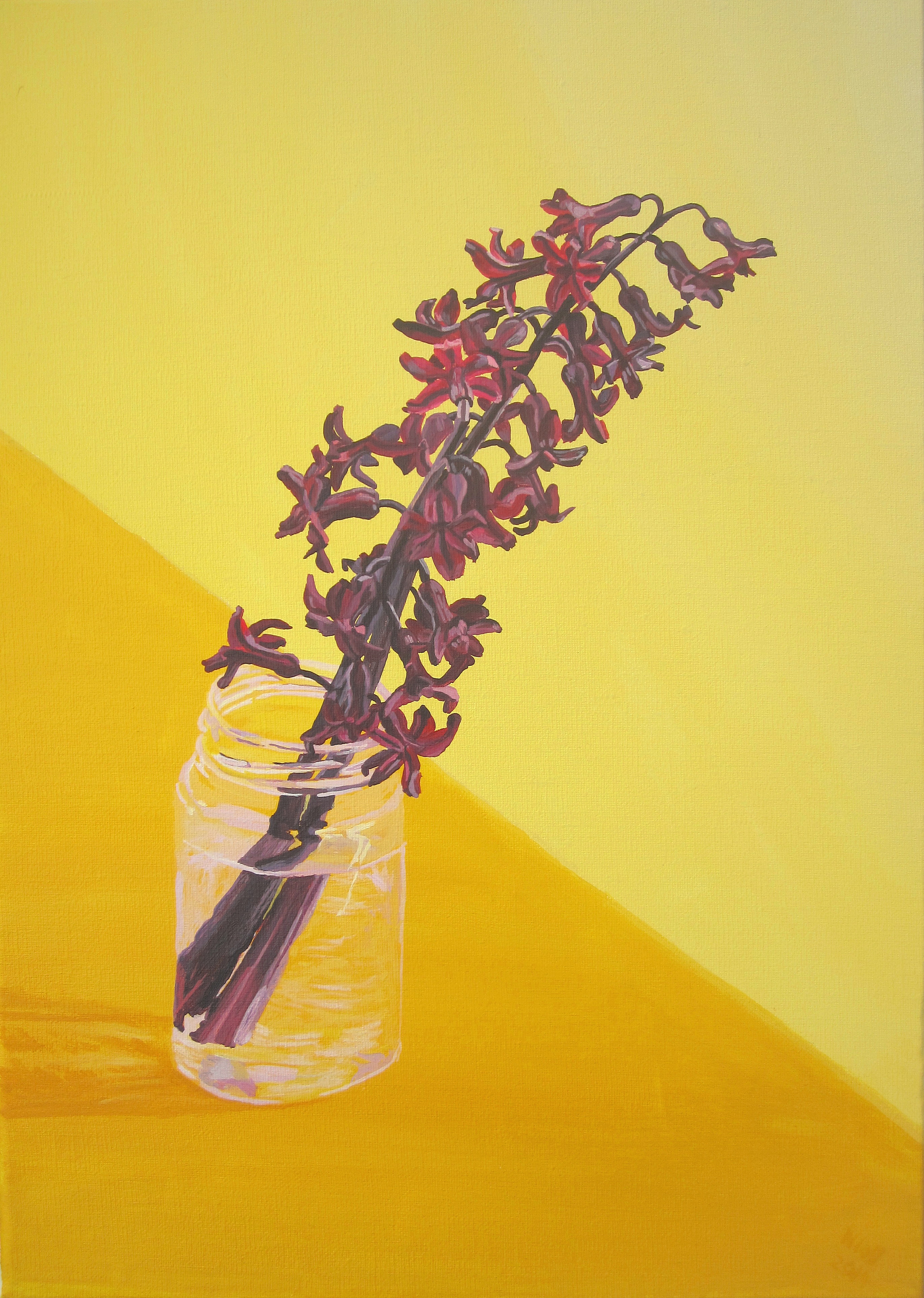 Two Purple Hyacinths In A Glass Jar