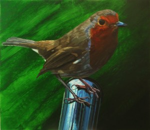 Robin on a wheelbarrow handle