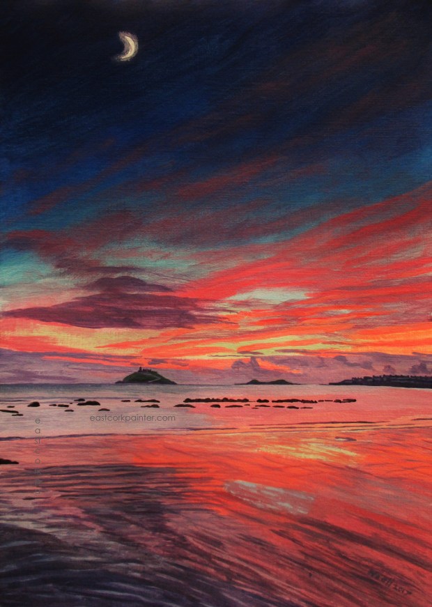 Crescent Moon Over Garryvoe Beach watermark