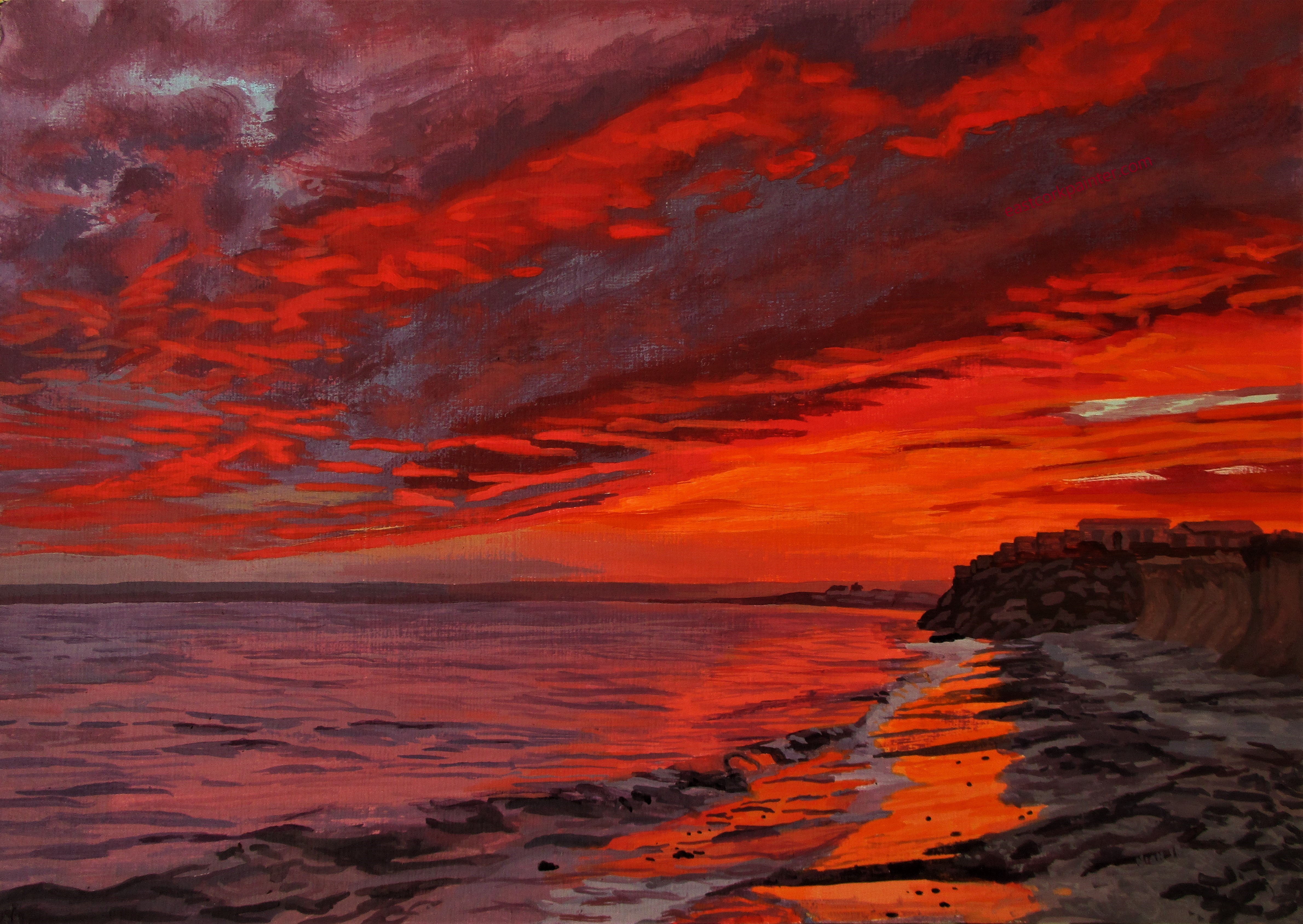 Fiery Red Sunset Over Garryvoe Beach Watermark
